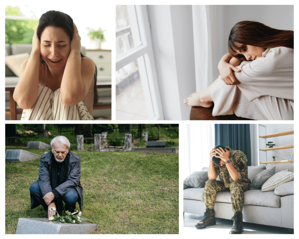 A collage showing people experiencing grief, trauma, and emotional distress, representing the struggles that EMDR therapy helps process and heal.