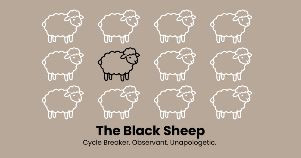 Illustration of identical sheep with one black sheep centered among them, symbolizing feeling different and unseen in a family where trauma didn’t look like trauma.