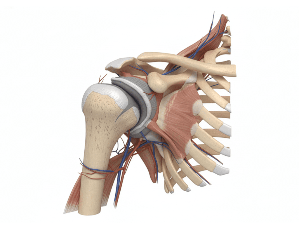Rotator cuff anatomy illustration showing shoulder joint muscles, tendons, and surrounding structures involved in rotator cuff function.